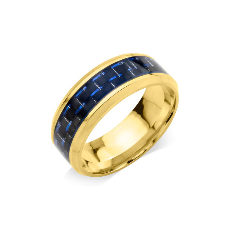 Gold plated Steel Ring with Black & Blue Carbon Fiber - Click Image to Close